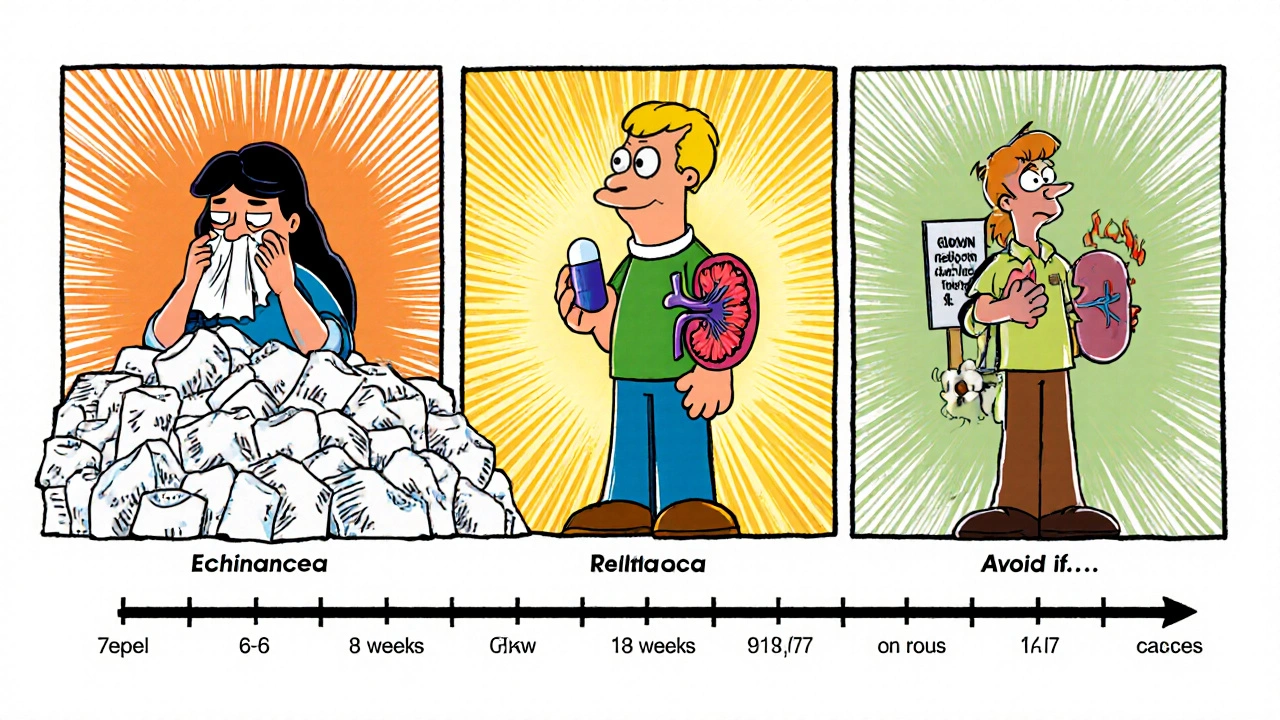 Three characters comparing immune support methods, one glowing with energy from cedar supplement.