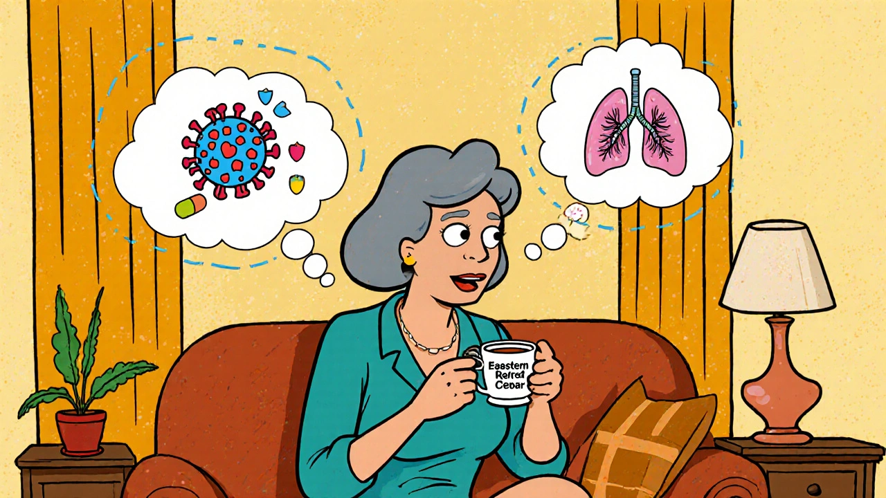 Woman taking Eastern Red Cedar capsule with cartoon bubbles showing viruses repelled and clear lungs.