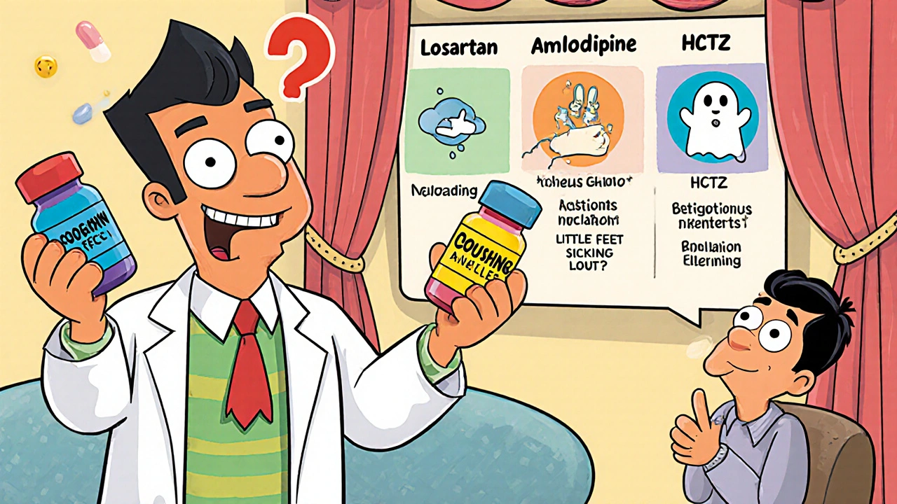 A doctor shows three colorful blood pressure pill alternatives to a puzzled patient, with funny side effect icons in the background.