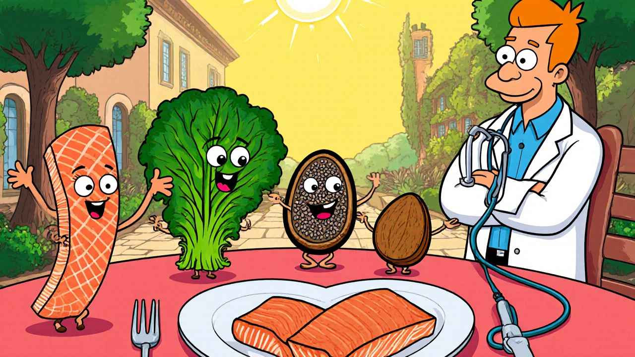 Animated food characters (salmon, almond, kale, chia) arrange on a heart‑shaped plate with a doctor watching.