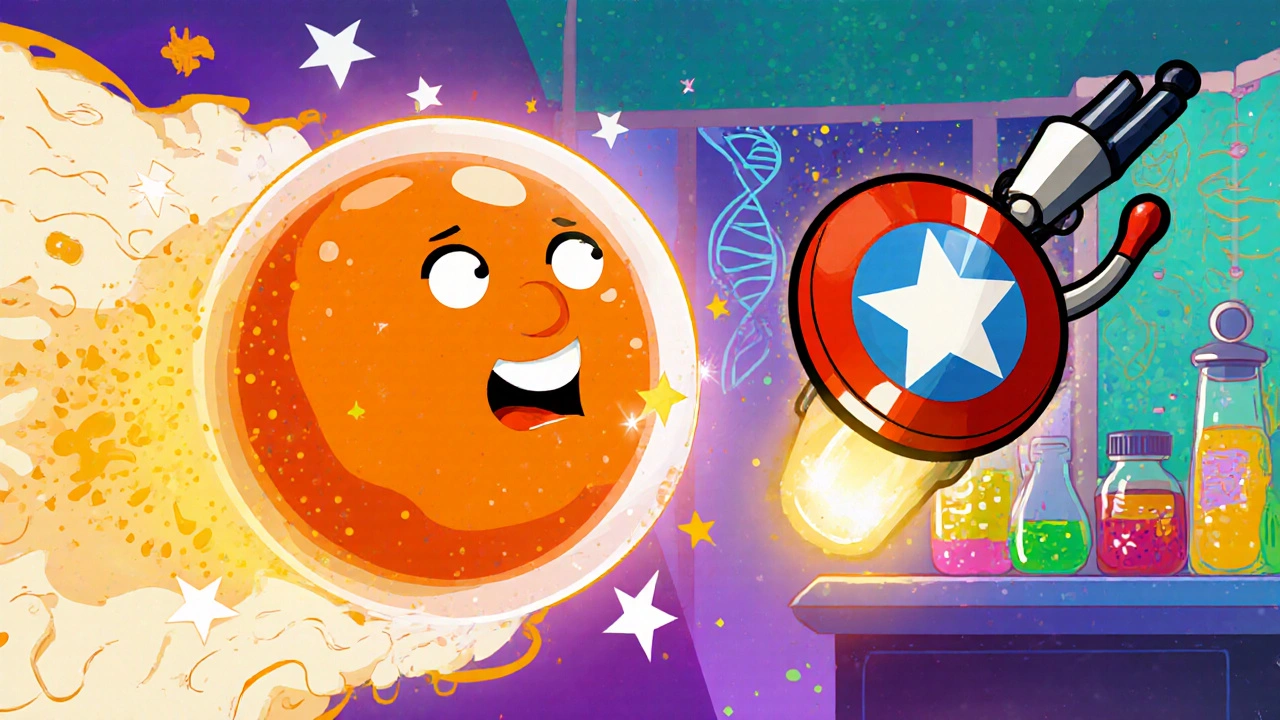 Animated liposomal nanoparticle delivering Chlorambucil to a friendly B‑cell alongside an antibody‑drug conjugate.