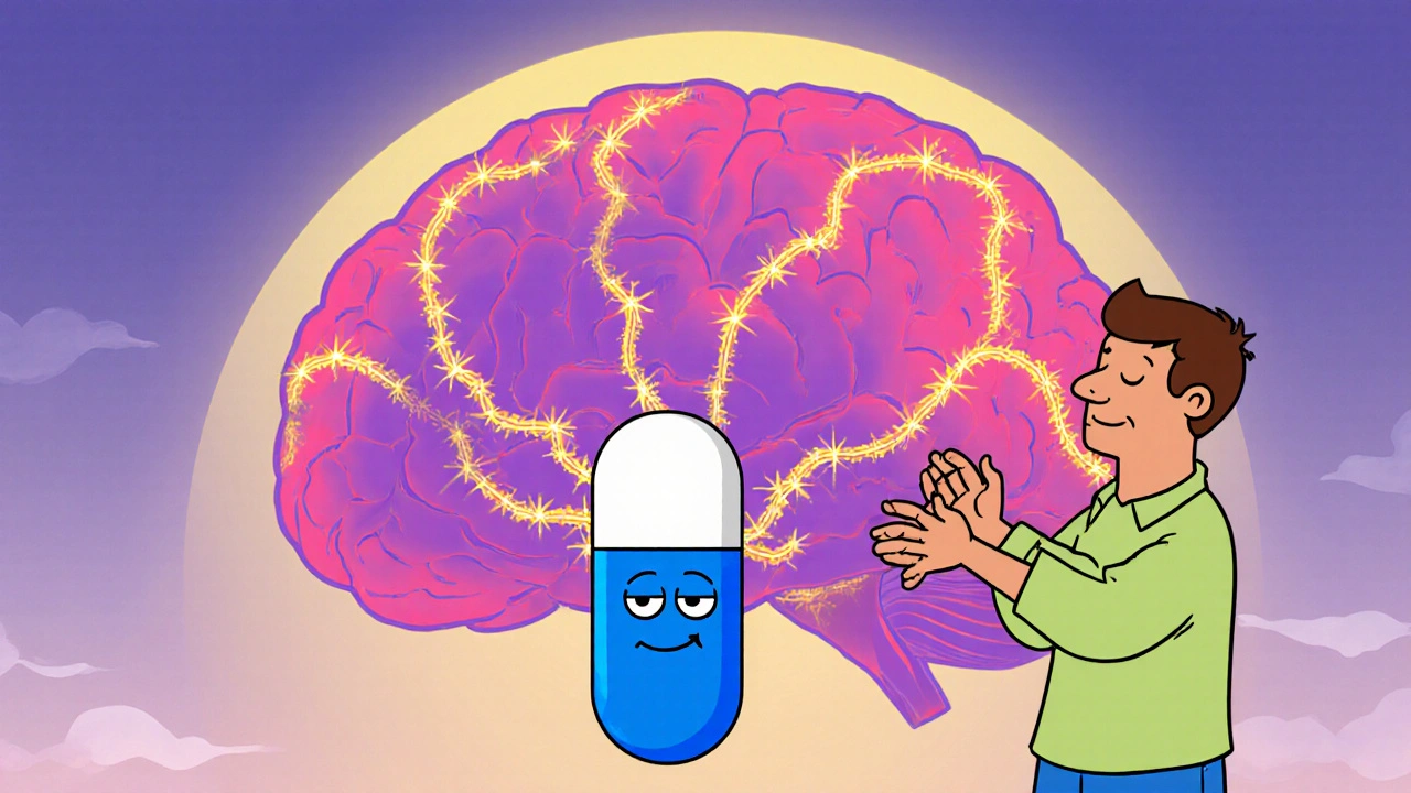 Cartoon brain with glowing serotonin lines, pill and meditating figure showing synergy.
