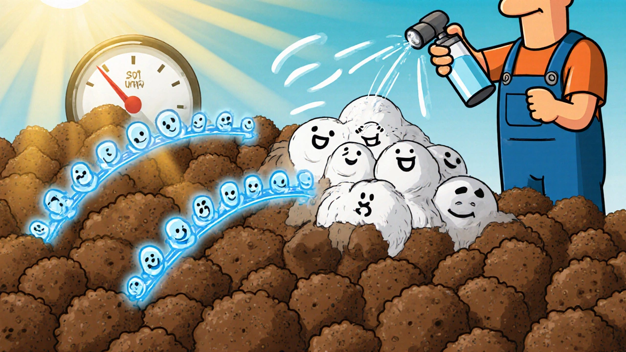 Cartoon close‑up of clay particles linking with calcium ions and workers applying calcium acetate powder and liquid.