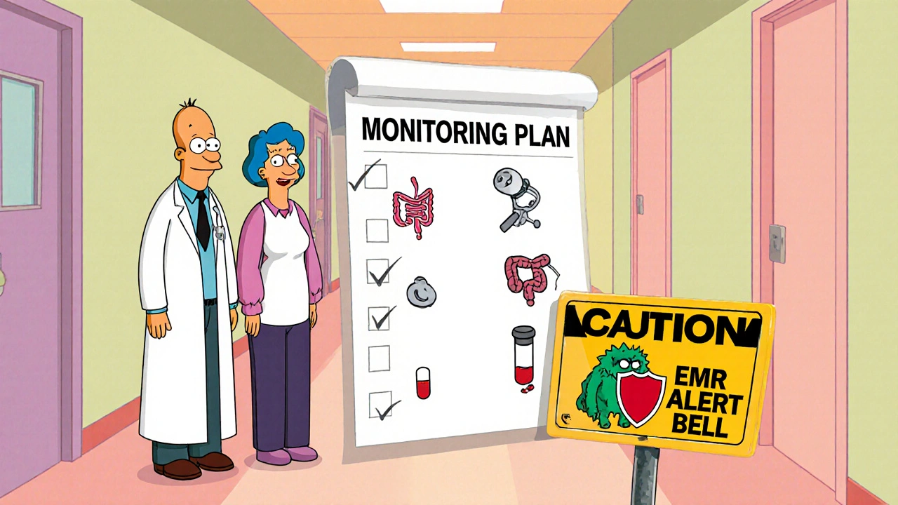Cartoon doctor and patient review a checklist of monitoring steps with caution sign for melanoma.
