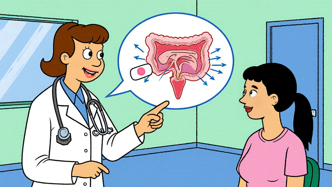 Cartoon doctor explains bladder diagram with Oxybutynin blocking signals.