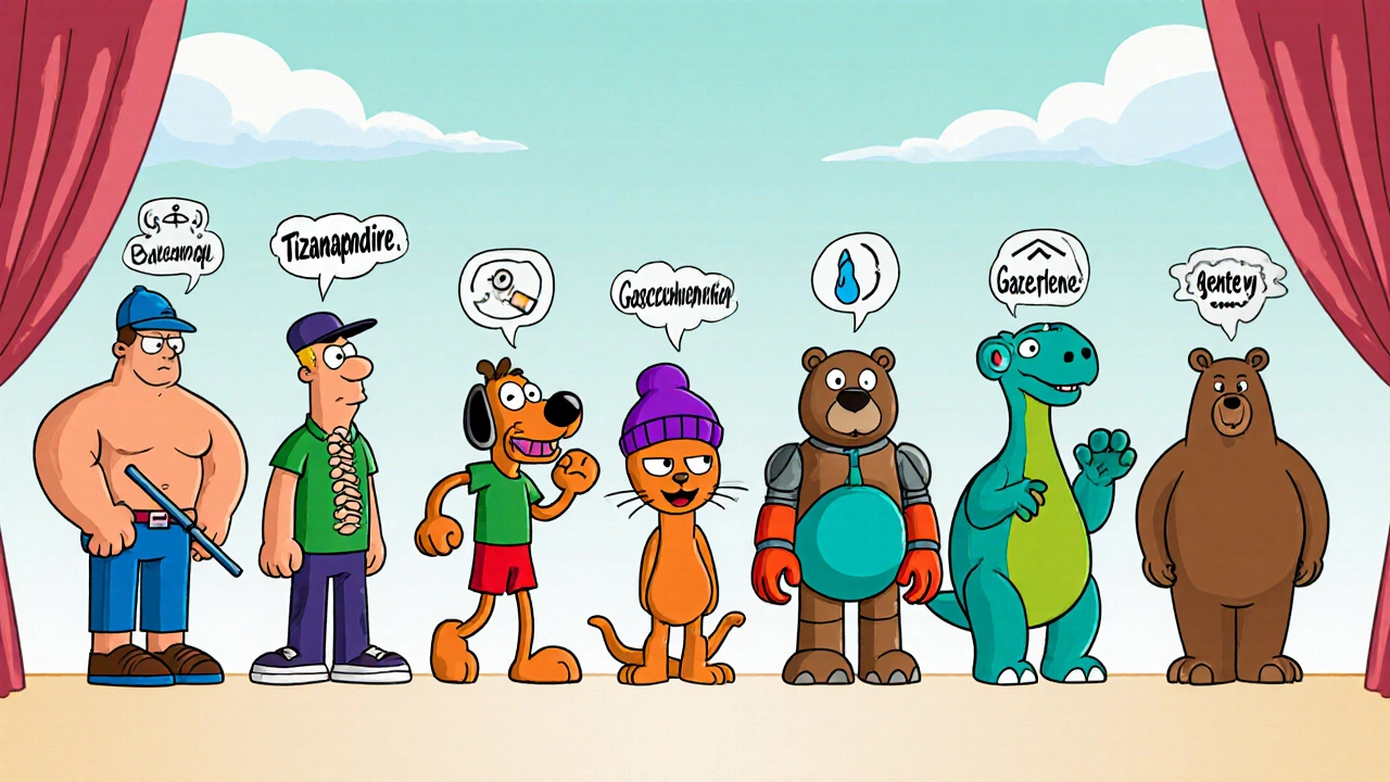 Cartoon lineup of characters personifying Baclosign, Tizanidine, Cyclobenzaprine, Diazepam, Gabapentin, Dantrolene, and Methocarbamol.