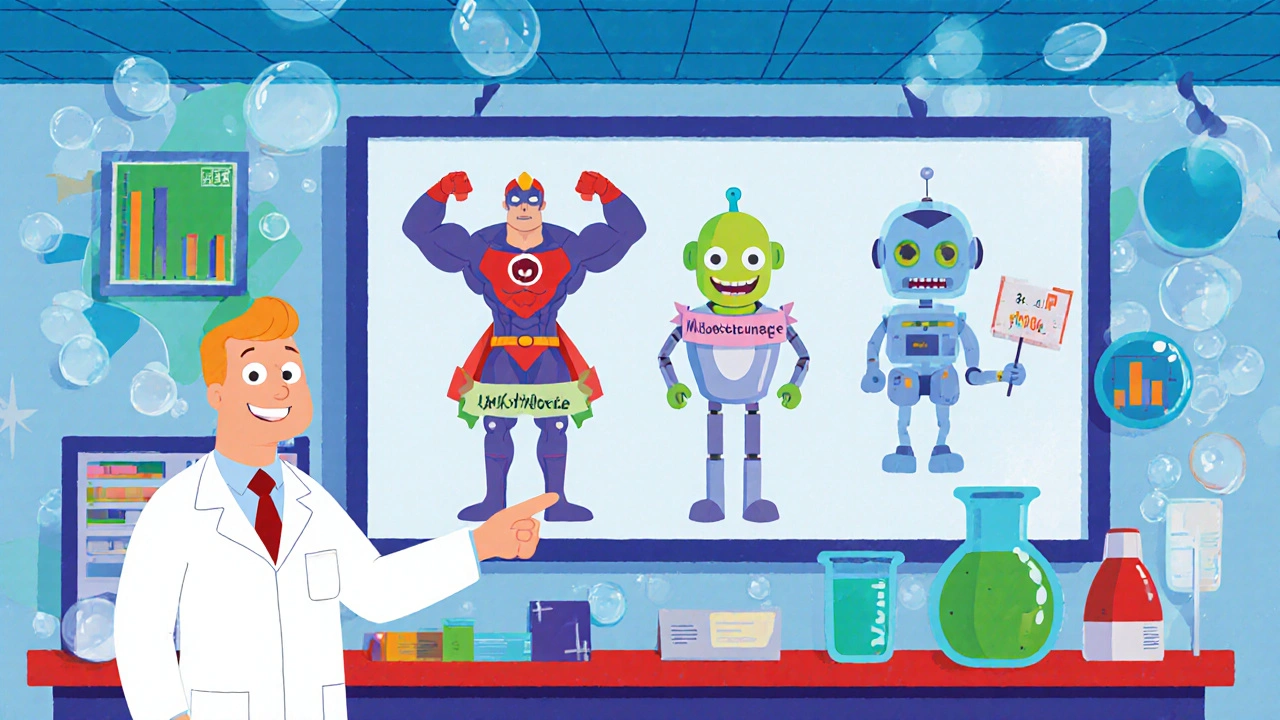 Cartoon scientist presents drug characters with recurrence rates on a colorful board.