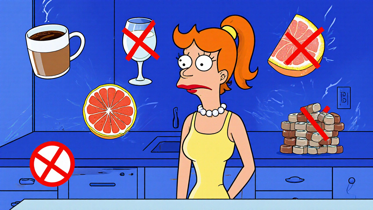 Cartoon woman surrounded by coffee, wine, grapefruit, and caffeine pills with warning signs.