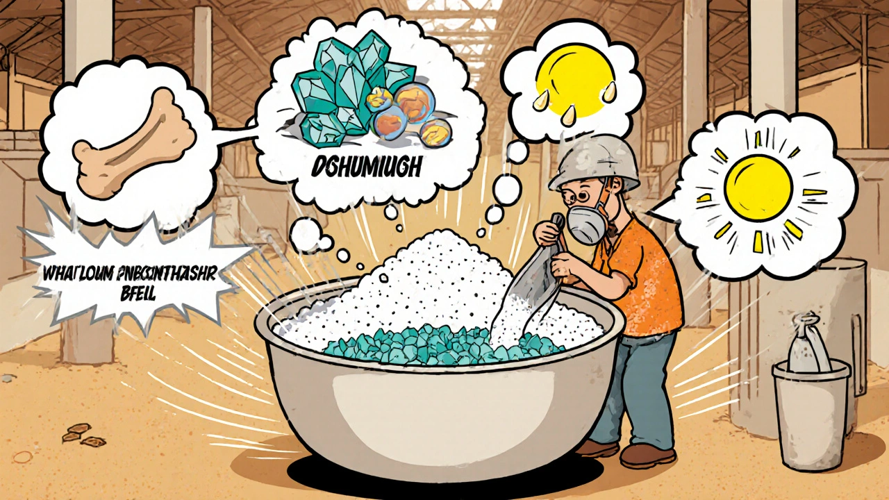Cartoon worker mixes calcium, phosphorus, and vitamin D3 powders in a feed bowl.