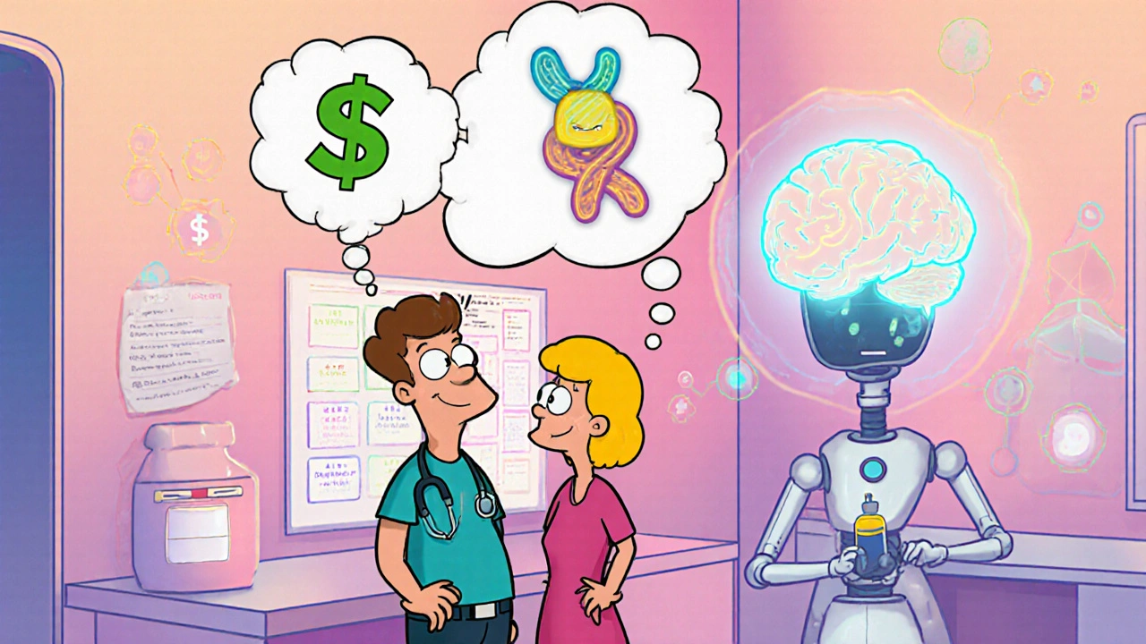 Cheerful doctor and patient in a futuristic clinic with thought bubbles showing cost, DNA, and AI.