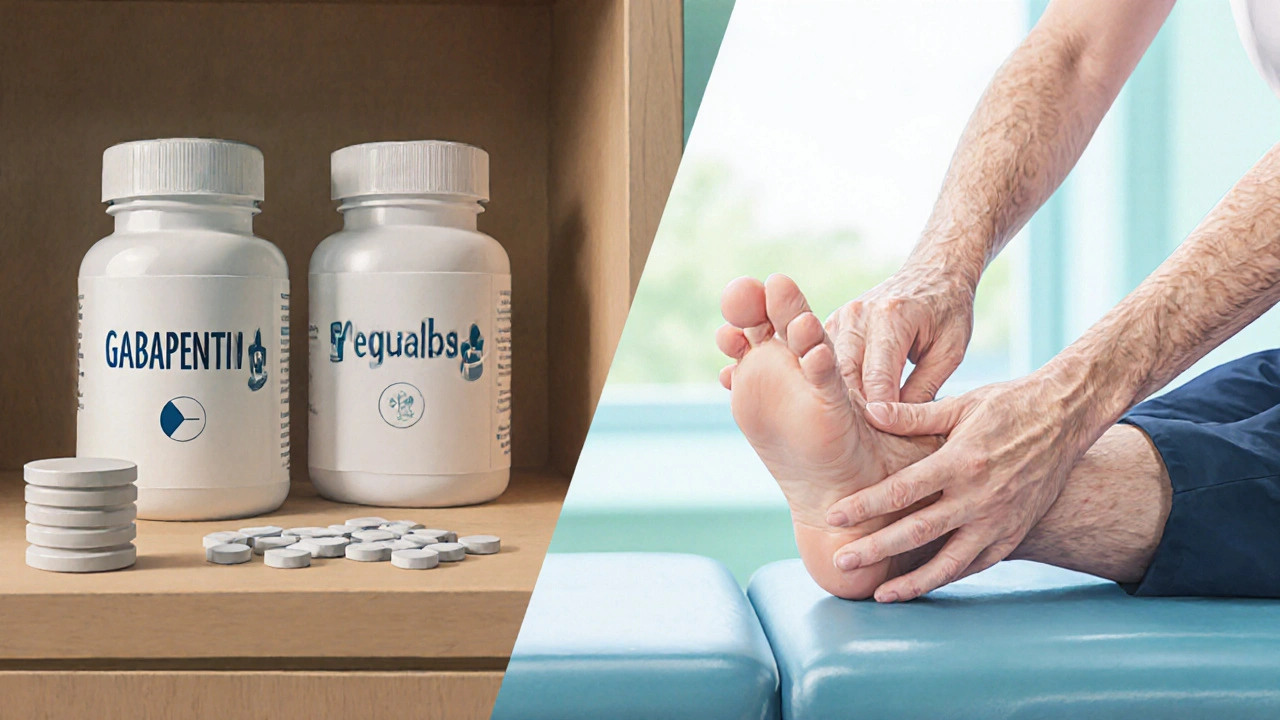 Clinic scene showing medication bottles and a therapist guiding foot exercises.