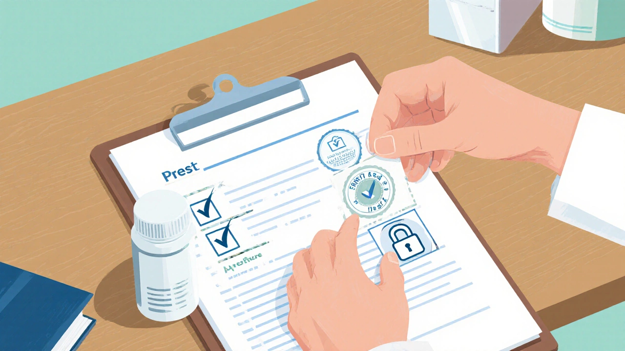 Clipboard with checked icons beside a white generic Synthroid bottle on a desk.