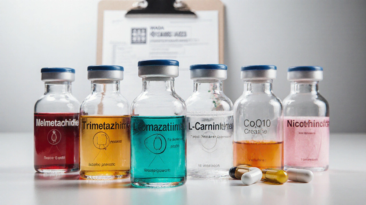 Close‑up of vials containing Meldonium and other performance compounds on a lab table.