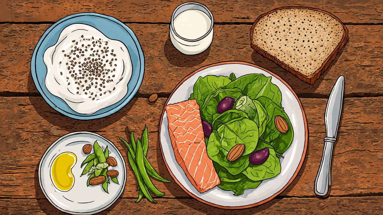 Colorful table of yogurt, salmon, salad, fortified milk, soy edamame, and almonds.