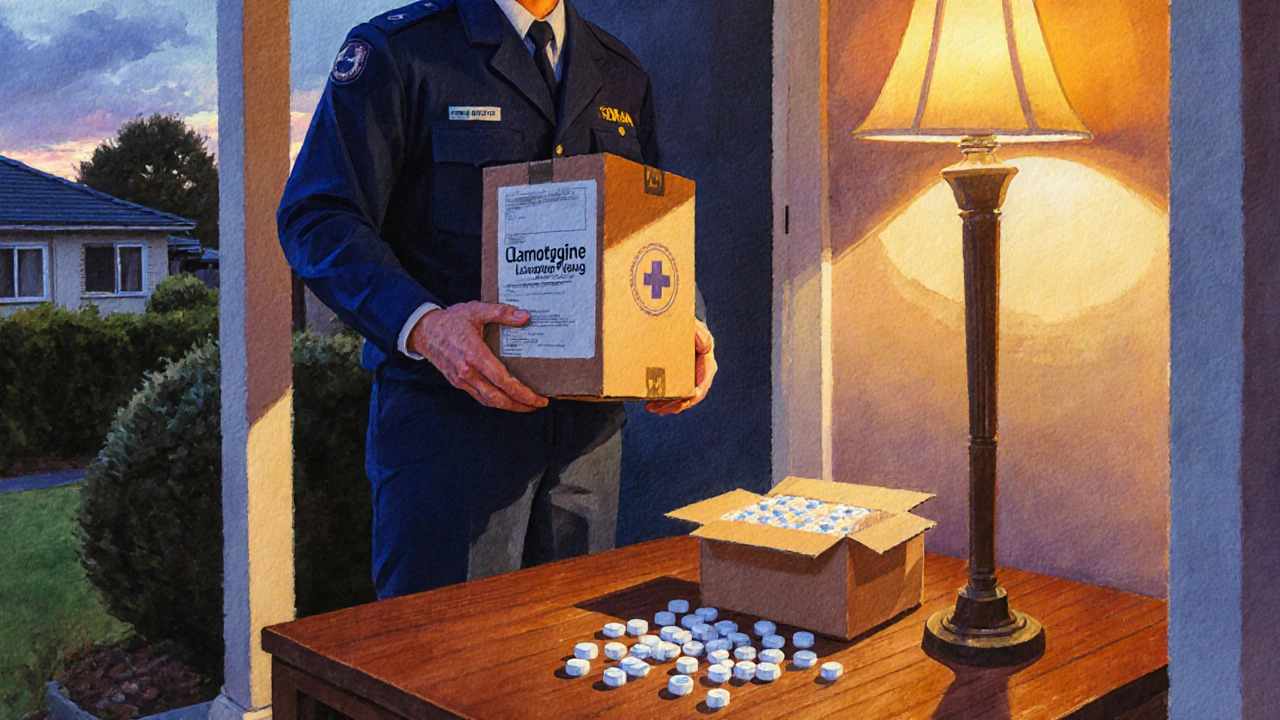Courier delivering a box of lamotrigine tablets to a NZ home at dusk.