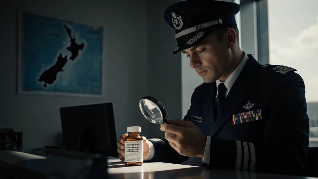 Customs officer inspecting a parcel with a thyroid medication bottle in NZ.