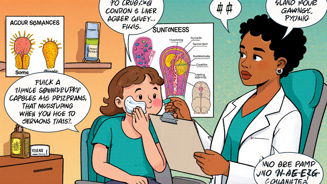 Dermatology office comic panel with doctor advising patient on moisturizer, sunscreen, and lab checks.