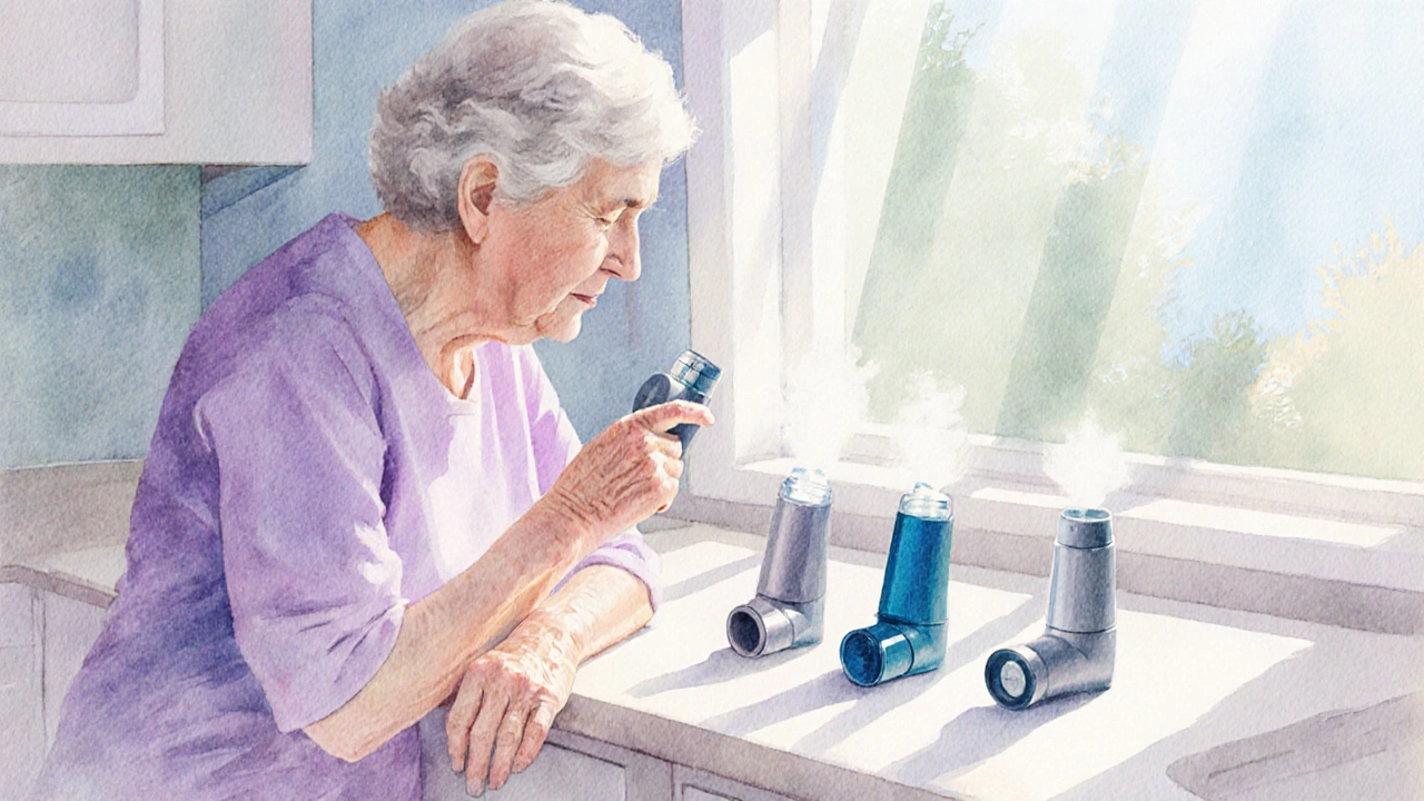 Elderly woman hand hovering over several inhalers on a countertop.