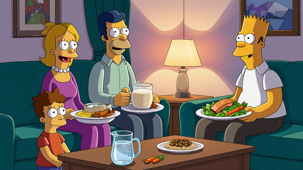 Family sharing a healthy dinner with salmon, fortified milk, nuts, and water in a cozy living room.