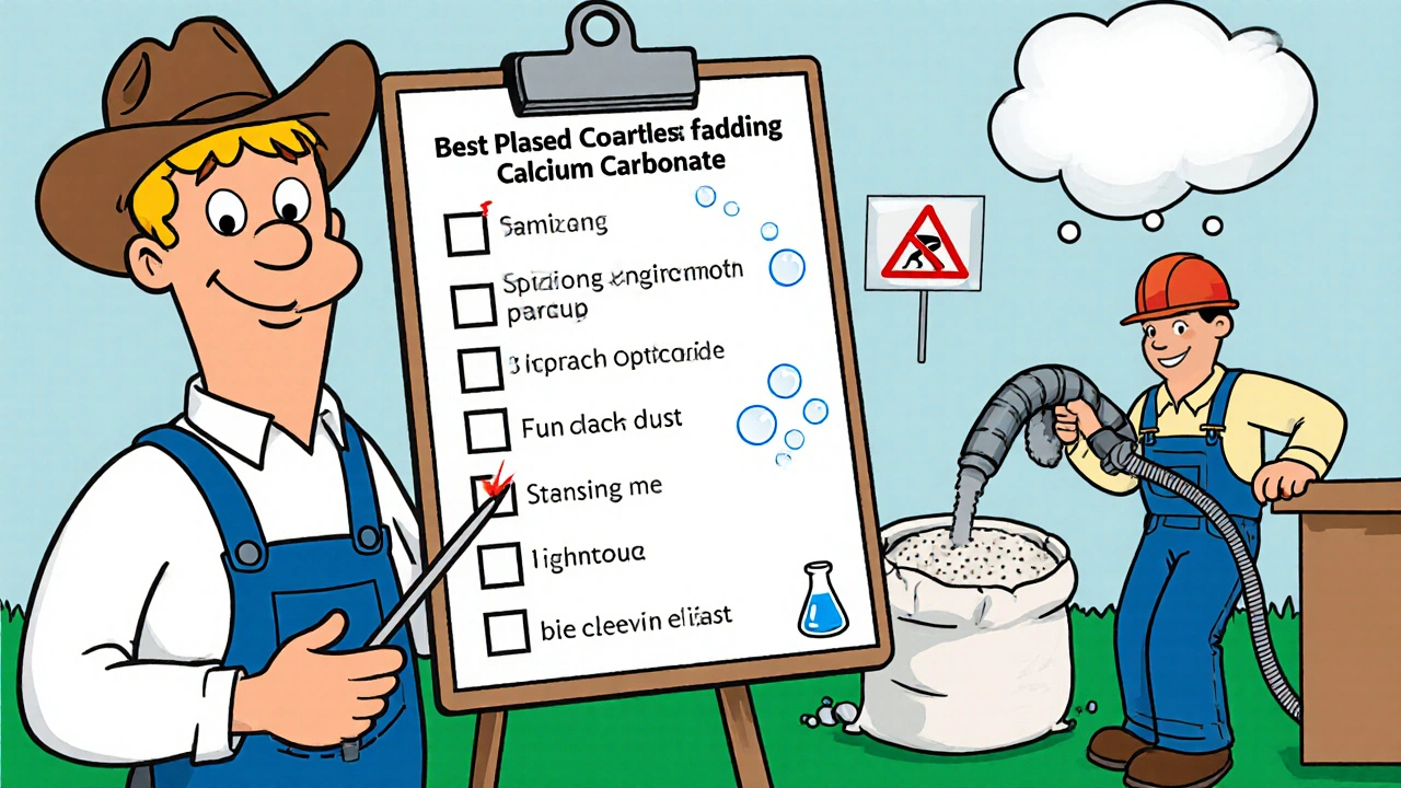Farm office checklist with farmer, lab beaker, and dust‑control worker demonstrating best practices.