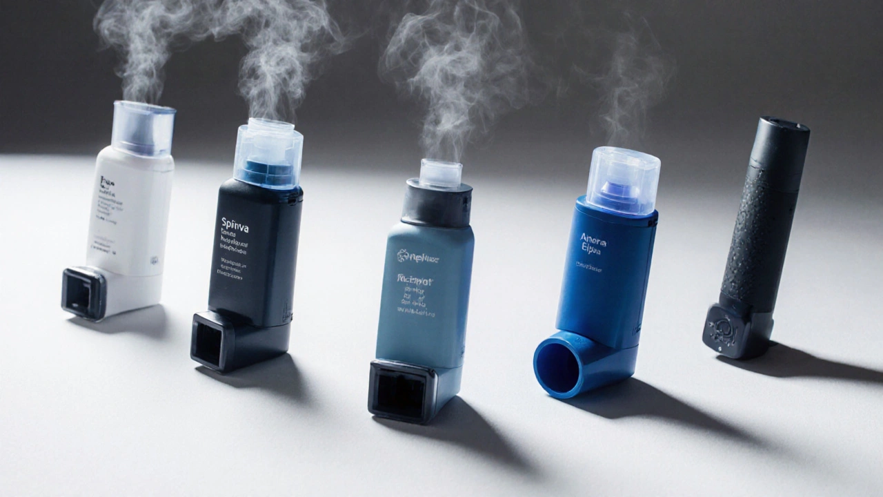 Five different inhaler devices displayed on a white surface.