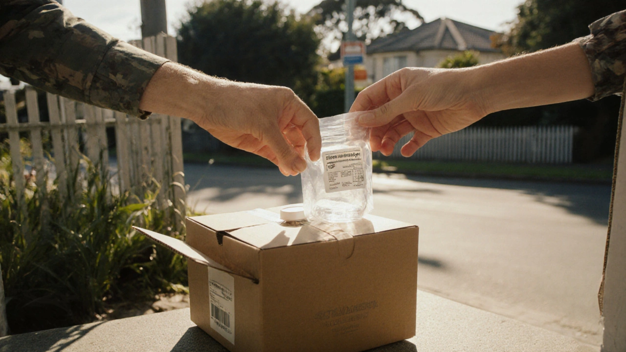 Hands open a parcel delivering tamoxifen tablets at a NZ doorstep.