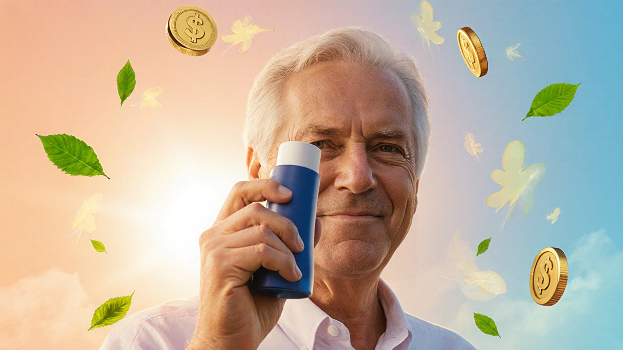 Happy person holding inhaler with floating leaves and coins symbolizing health and savings.