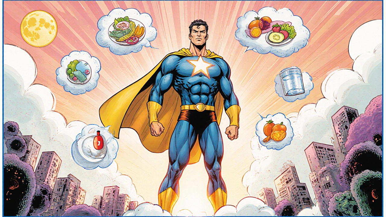 Heroic figure with lifestyle icons promoting sleep, diet, and skincare for calm skin.