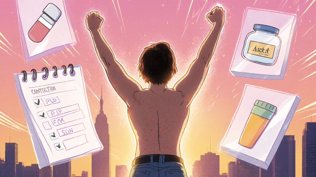 Heroic rooftop scene of teen with clear skin, surrounded by floating icons of checklist items after treatment.