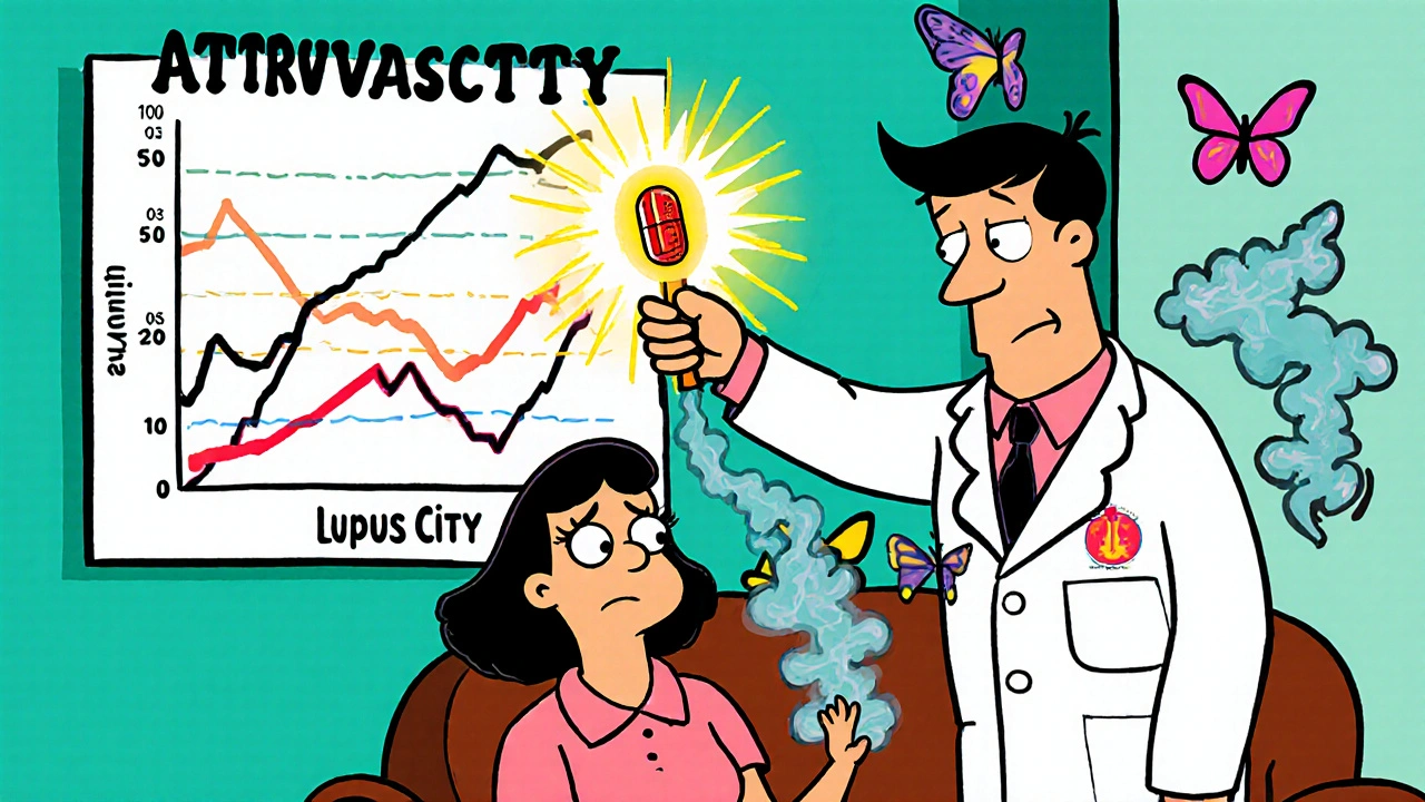 Lupus patient on couch watched by doctor holding a glowing atorvastatin tablet that calms inflammation.