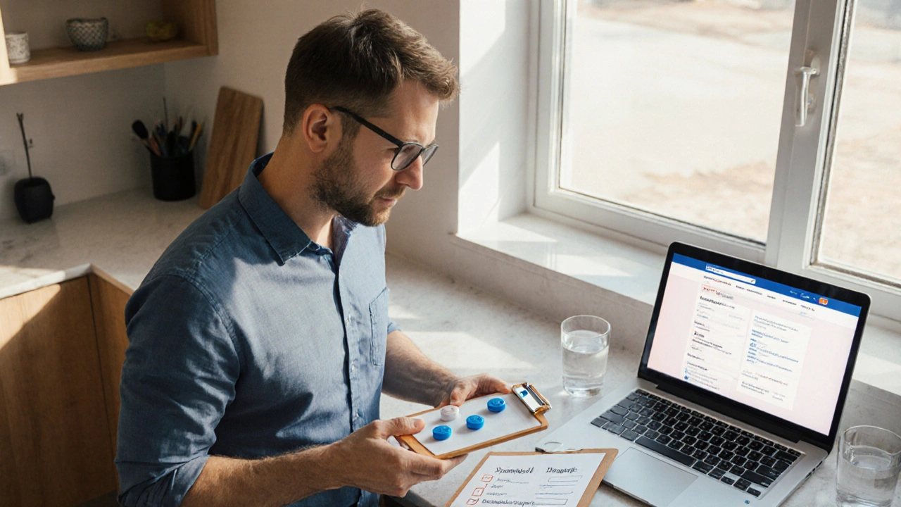 Man holding two pills beside a checklist and a laptop showing a secure pharmacy site.