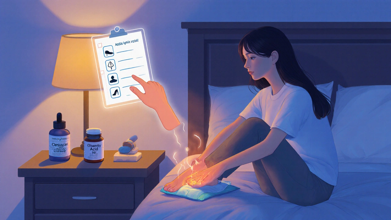 Nighttime bedroom with a person using warm and cold packs, creams, and foot stretches.