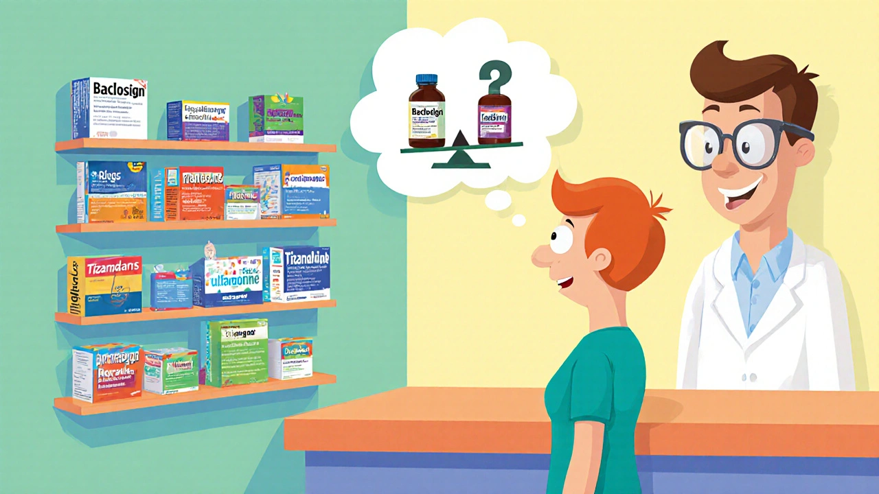 Patient at a pharmacy counter compares Baclosign and Tizanidine bottles while a friendly pharmacist watches.