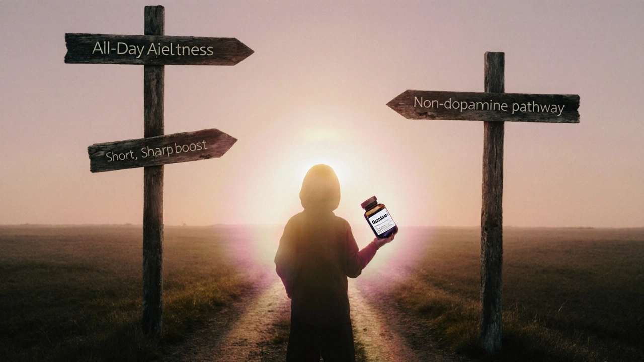 Person at a sunrise crossroads choosing a wake‑promoting option, holding a modafinil bottle.