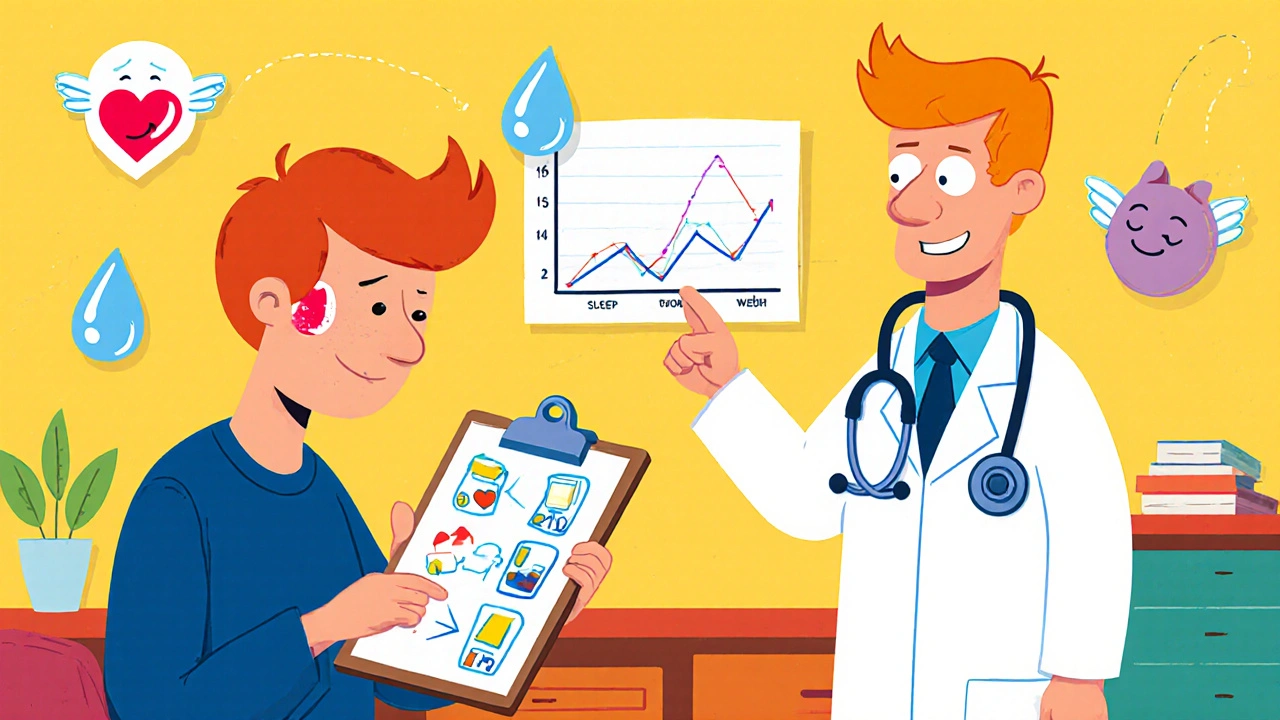 Person logging headaches in a cartoon diary while doctor shows improving trend, in Hanna-Barbera style.