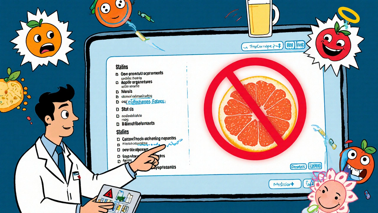 Pharmacist showing a list of drugs that interact with grapefruit, with safe citrus alternatives smiling nearby.
