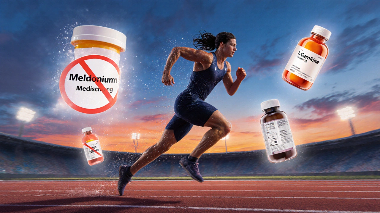 Runner surrounded by icons of prohibited Meldonium and approved supplements.