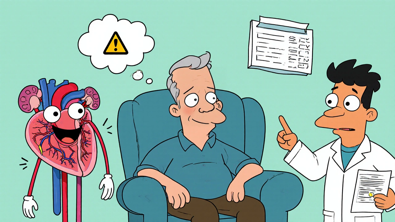Senior man surrounded by animated heart and kidney figures showing medication effects and side‑effects.