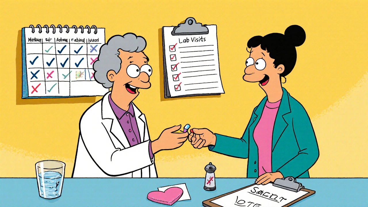 Senior woman receiving a pill at a pharmacy with reminders for labs, hydration and low‑salt diet.