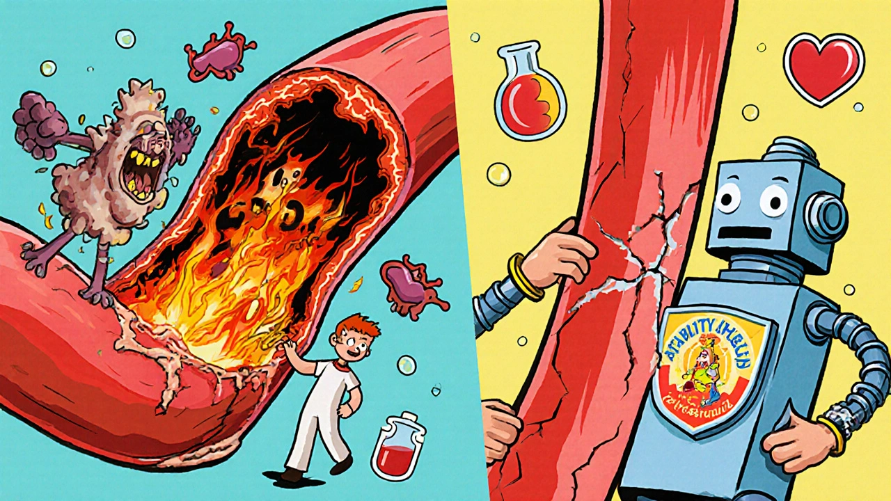 Split cartoon scene: inflamed artery vs. healed artery with a robot pill fixing damage.