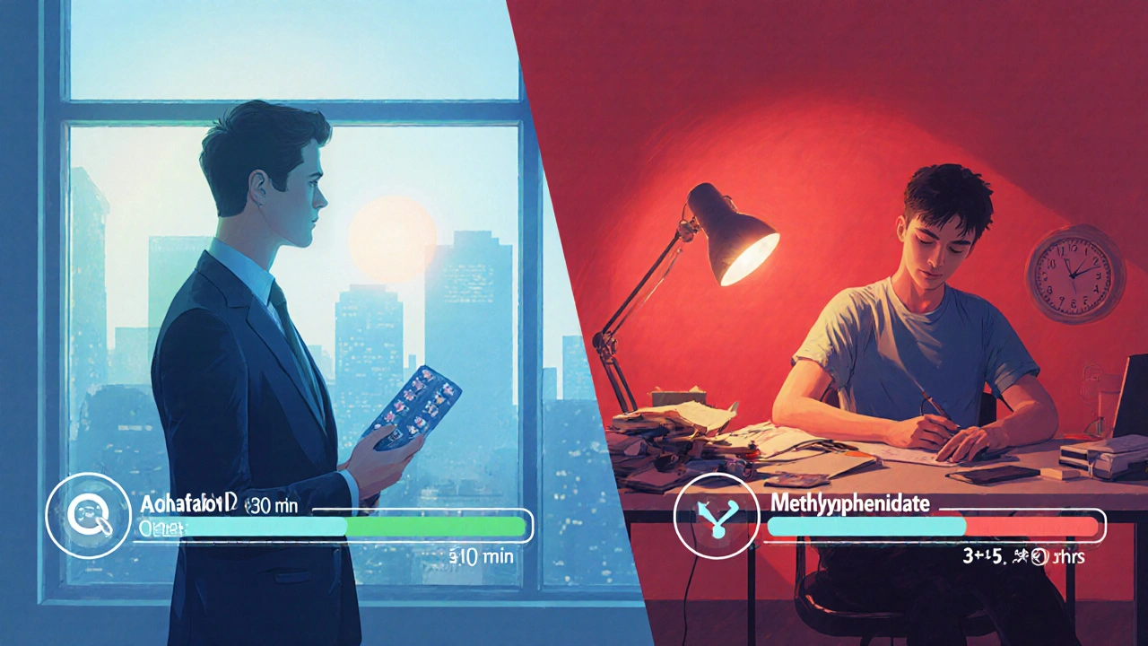 Split illustration of a professional energized by modafinil versus a student using fast‑acting stimulant.