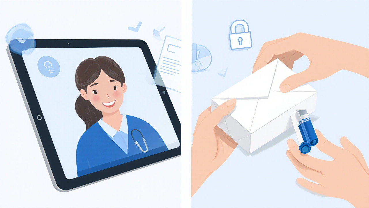 Split scene of telehealth video call and opened box revealing inhaler.