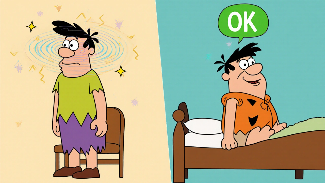 Split scene: person dizzy from standing fast vs. safely sitting before standing, in classic Hanna-Barbera animation.