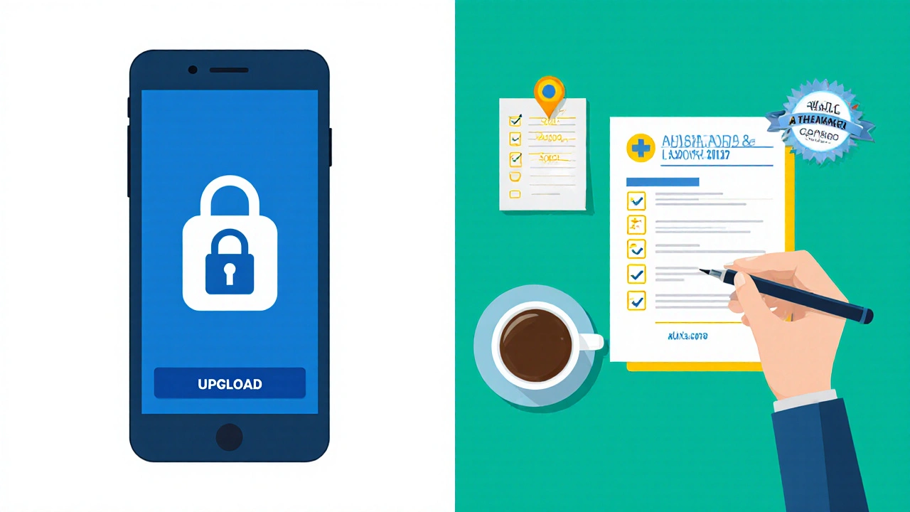 Split view of phone showing prescription upload and hand holding a doctor’s prescription.