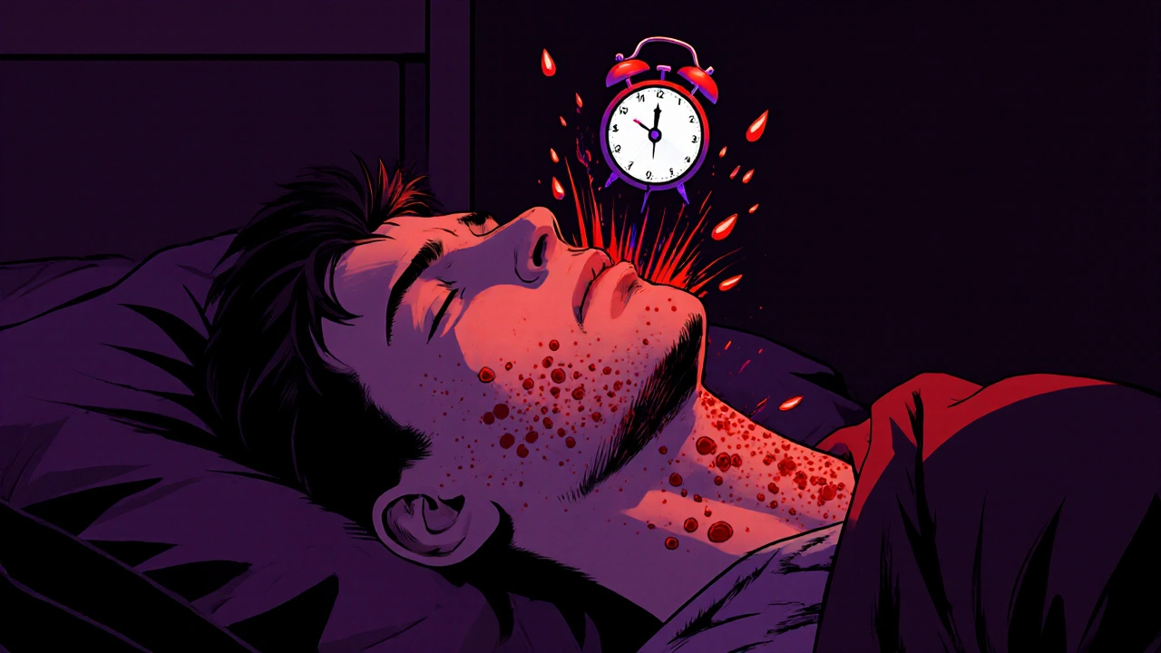 Stressed person awake at night, cortisol molecule causing red acne on jawline.
