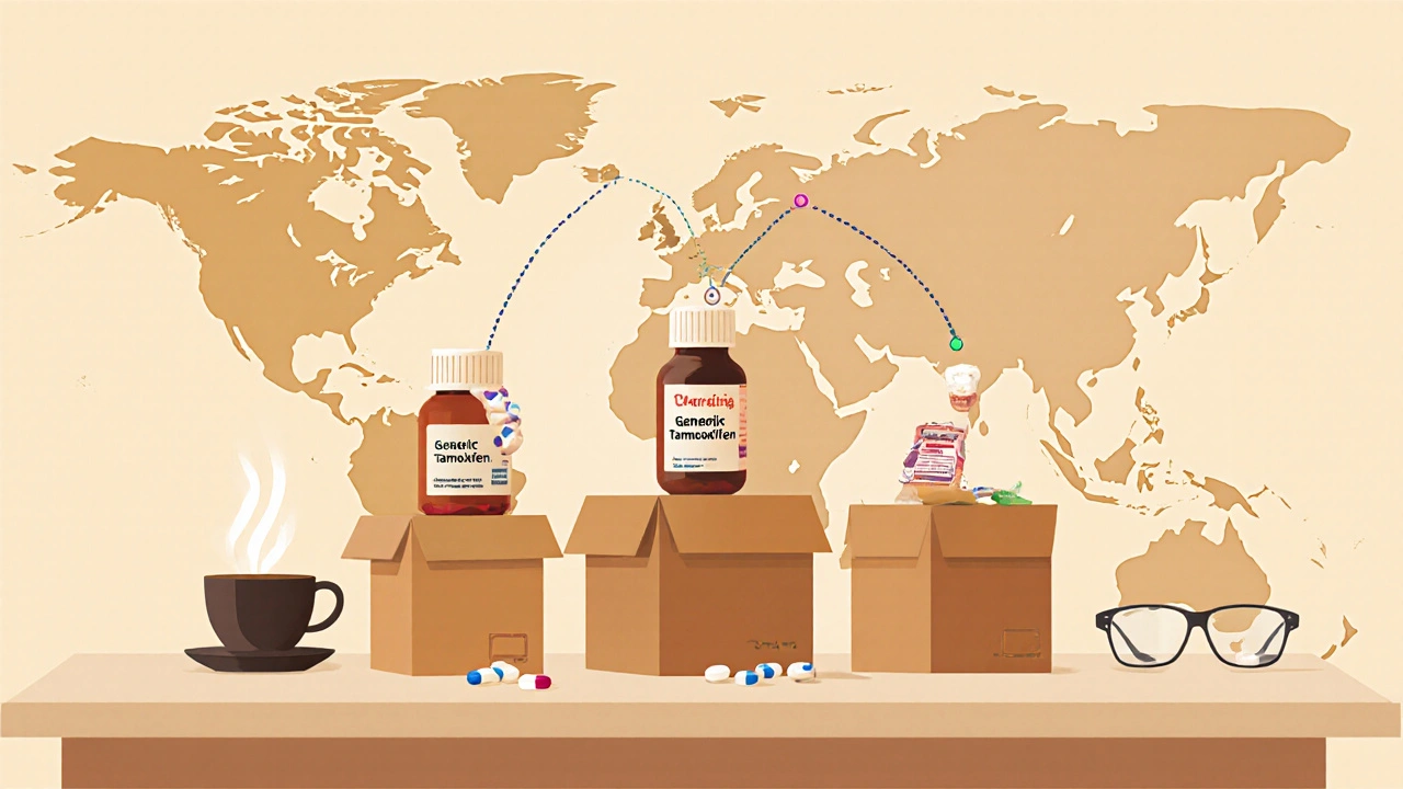 Three boxes and pill bottles with world‑map lines showing overseas shipping.