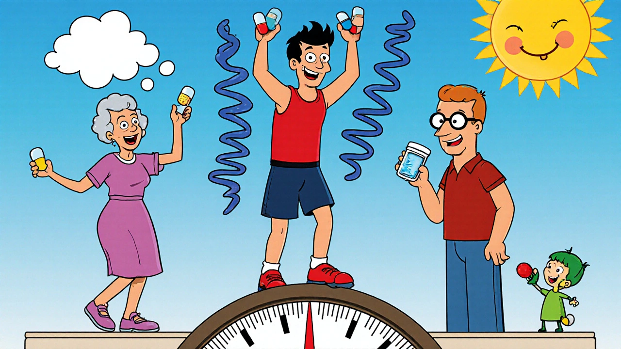Three people with different pills stand on a scale labeled 'Your Body, Your Choice' — each enjoying their ideal medication side effects.