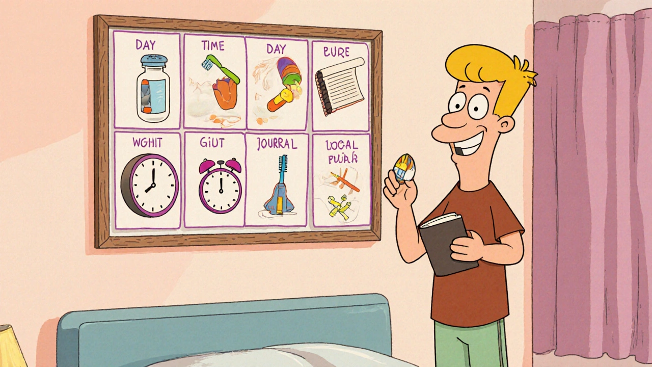 Weekly routine board with pill, timer, journal, and toothbrush icons beside smiling person.
