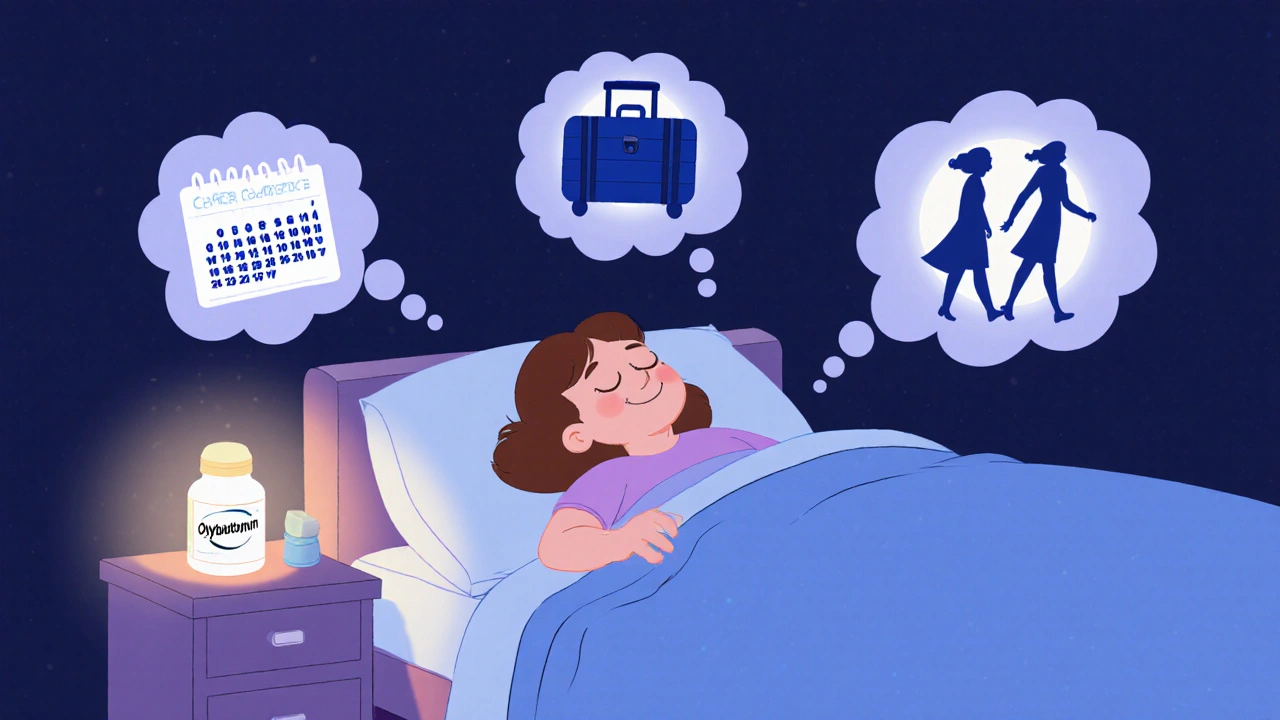 Woman sleeping peacefully, Oxybutynin bottle nearby, icons of confidence around her.