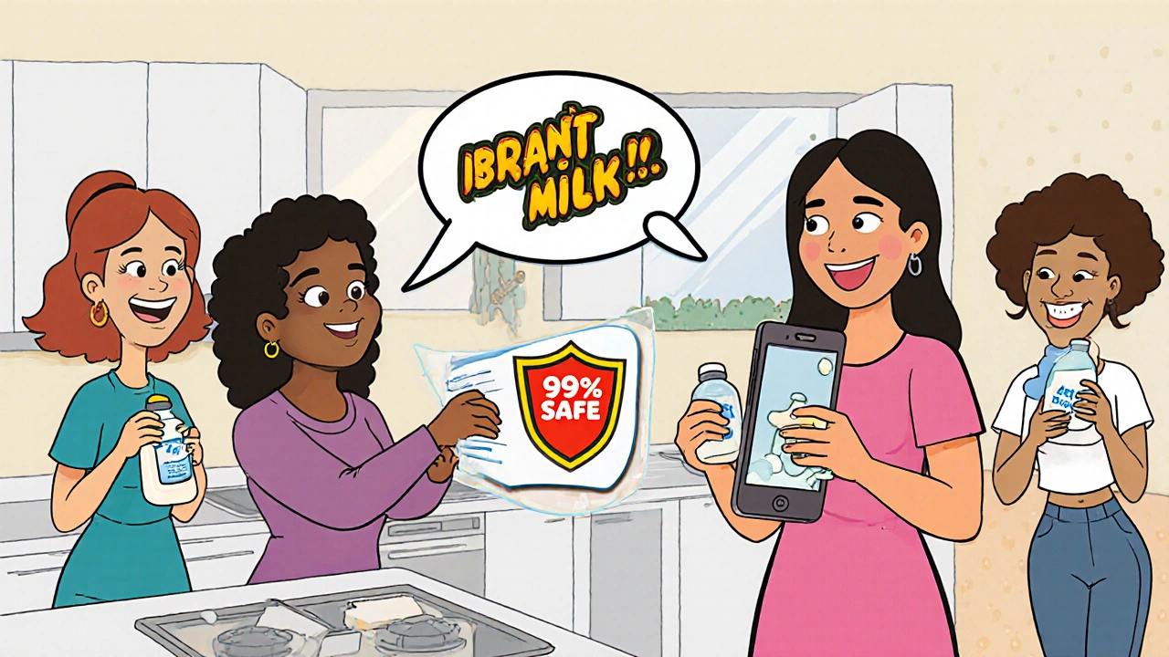 A group of moms storing breast milk in a kitchen, one checking a phone app with a &#039;99% Safe&#039; shield graphic.